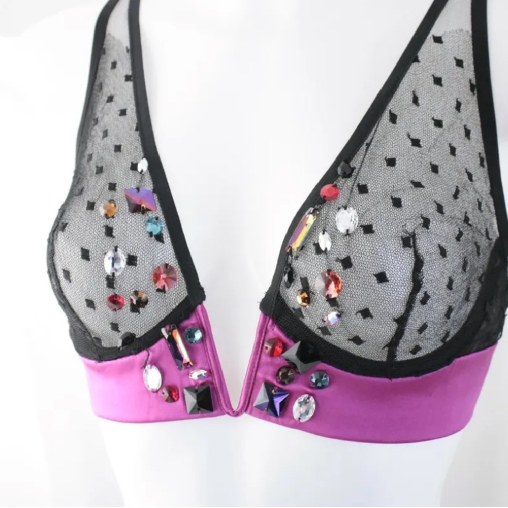 Damaris Chiacchiere Black Silk Square Pattern MeshV-Plunge Jeweled PinkSatin Bra - Picture 2 of 16